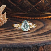 Nature-Inspired Pear-Shaped Classic Moss Agate Ring for Engagement and Weddings